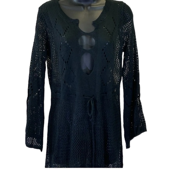 Women's V-Neck Crochet Bell Sleeve Swim Cover Up Dress, One Size, Black - Picture 2 of 8